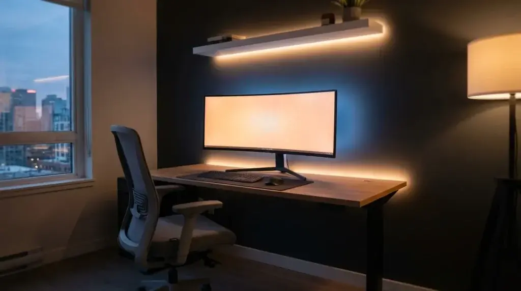 Modernes Home-Office mit großem Bildschirm und Beleuchtung