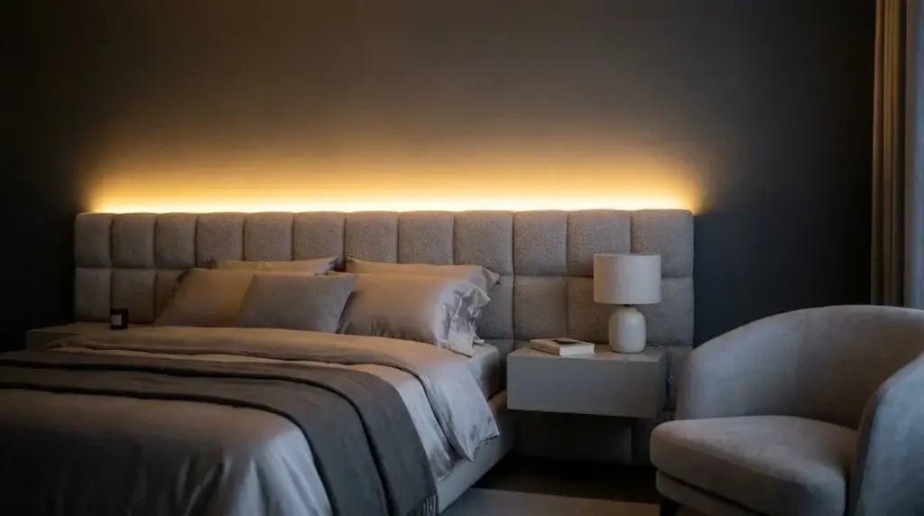 Modernes Schlafzimmer mit stimmungsvoller Beleuchtung
